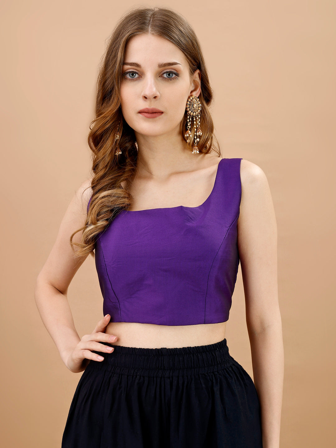 Violet colored sleeveless tafeta blouse